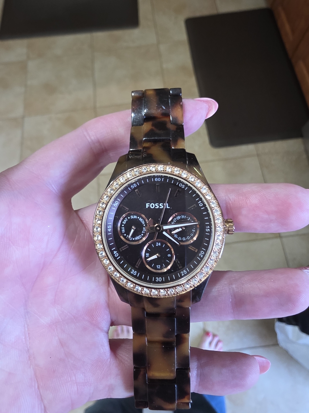 Fossil Tortoiseshell Resin Watch with Crystal Bezel - Brown/Gold